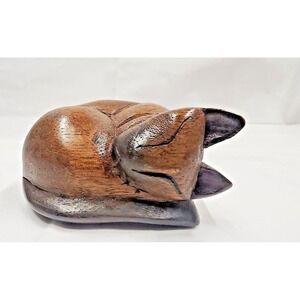 MCM Vintage Wooden Siamese Cat Figure Curled Up Sleeping Hand Carved